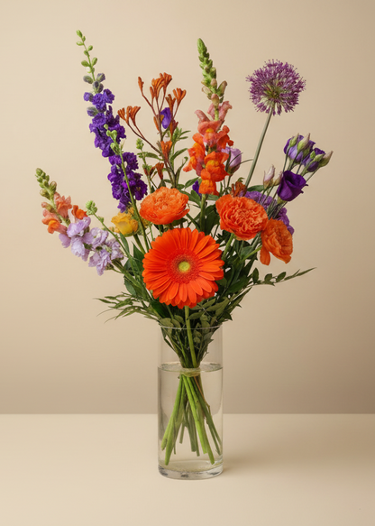 Losgebonden boeket oranje/paars – vers boeket van De Bloementuin Meppel